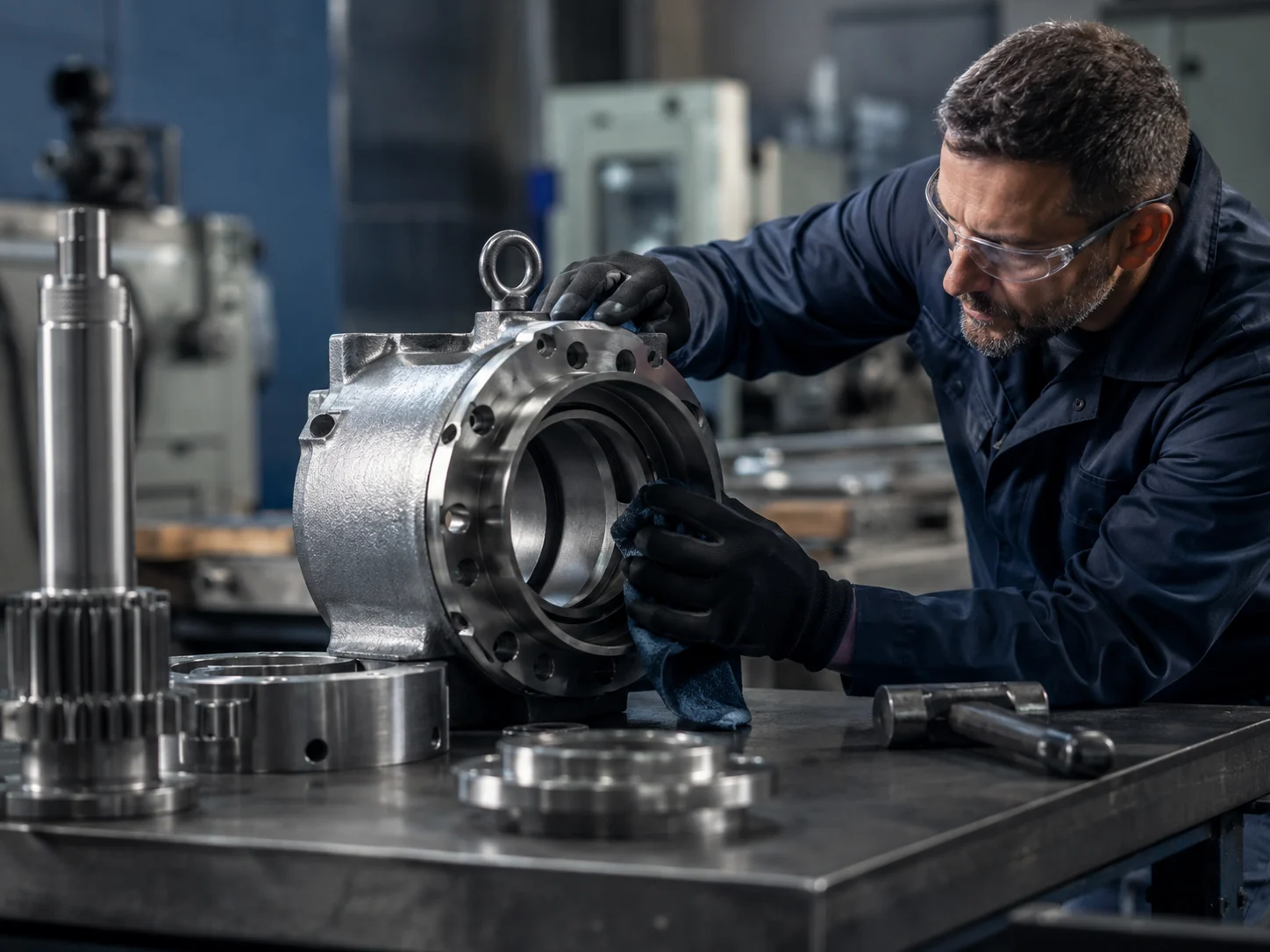 Profissional inspecionando componente metálico reparado